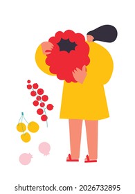 Tiny woman with berries. Vector illustration. Funny colored typography poster, advertising, packaging print design, market, farmers market decoration. Summer fruit,berries concept. Isolated.