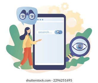 Tiny woman browsing online information, surfing internet with binocular, magnifying glass in smartphone app. Search bar. SEO concept. Modern flat cartoon style. Vector illustration on white background