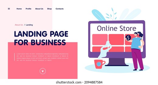 Tiny woman buying things through internet. Female with coin, online store on screen, coffee cup flat vector illustration. Online shopping concept for banner, website design or landing web page