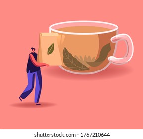 Tiny Woman Carry Package with Dry Tea Leaves front of Huge Cup with Hot Liquid. Female Character Buying and Drink Hot Beverage in Cold Season, Tea Ceremony Concept. Cartoon Vector Illustration