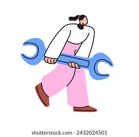 Tiny woman carrying big wrench, spanner, huge tool. Repair person, mechanic, engineer fixing, mending. Technical service concept. Flat graphic vector illustration isolated on white background