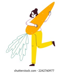 Tiny woman carrying carrot. Female character with vegetarian healthy food, girl women holding huge carrot flat vector illustration on white background