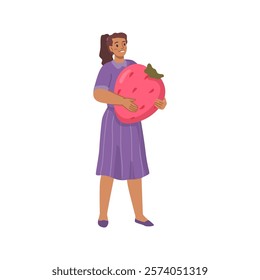 Tiny woman carrying strawberry, fresh summer food. Little lady with grocery product, vegetarian healthy food. Young person with big fruit harvest, flat cartoon person vector illustration