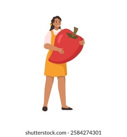 Tiny woman carrying vegetable bell pepper paprika, fresh food. Female with grocery product, little girl with vegetarian healthy food. Young person with big red pepper harvest, flat cartoon vector