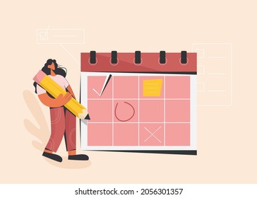 Pequeña mujer de la agenda de revisión de caricaturas en la agenda del calendario. Lápiz de uso femenino para hacer un plan de notas en memo de papel. Planificación, administración de tiempo, concepto de organización de procesos. Ilustración vectorial plana. 