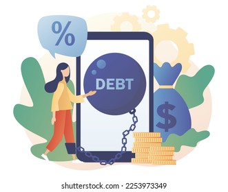 Tiny woman chained by huge weight debt metal ball have financial problems. Money debts online concept. Banking, bankruptcy, finance. Modern flat cartoon style. Vector illustration on white background
