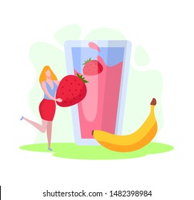 Tiny Woman Character Put Huge Strawberry and Banana in Glass with Pink Sweet Smoothies Isolated on White Background, Healthy Cocktail, Fruits Drink, Natural Beverage. Cartoon Flat Vector Illustration