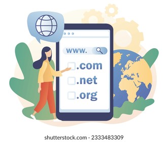 Tiny woman choose, find, purchase, register website domain name in snartphone app. Domain registration concept. Online hosting service. Modern flat cartoon style. Vector illustration 