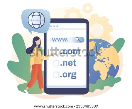 Tiny woman choose, find, purchase, register website domain name in snartphone app. Domain registration concept. Online hosting service. Modern flat cartoon style. Vector illustration 