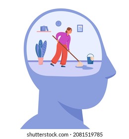 Tiny woman cleaning inner space of human head. Person working on thought detox and improvement of consciousness flat vector illustration. Mental health, self care, purification of mind concept