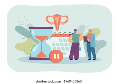Tiny woman consulting with doctor about female health flat vector illustration. Cartoon character treating with hormone replacement therapy. Menopause and gynecology concept