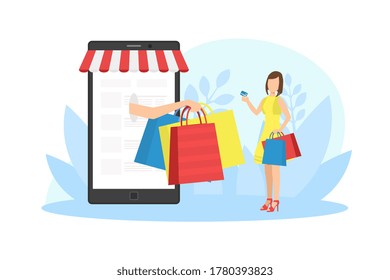 Tiny Woman Customer Standing in Front of Giant Smartphone with Credit Card, Hand from the Phone Issuing Shopping Bags, Online Shopping and E commerce Concept Vector Illustration