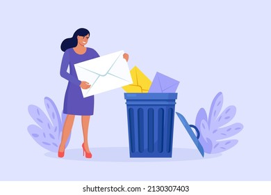 Tiny Woman Deleting Data And Move Unnecessary Files To Trash Bin. Cleaning Digital Memory, Cleaning E-mail, Remove Spam. Girl Holding Envelope With Letter Or Message. User Deleting Email To Waste Bin