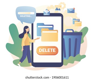 Tiny woman deleting data on smartphone. Move unnecessary files to the trash bin. Delete concept. Cleaning digital memory. Modern flat cartoon style. Vector illustration on white background