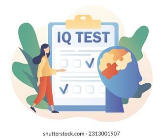 Tiny woman determine cognitive abilities. IQ test. Intelligence Quotient. Modern flat cartoon style. Vector illustration on white background