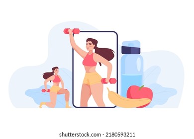 Tiny Woman Doing Exercises Using Fitness App On Huge Phone. Personal Program For Training With Online Coach On Mobile Flat Vector Illustration. Health, Sports, Wellness, Marketing Concept For Banner