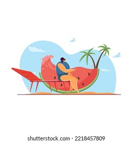 Tiny woman enjoying holiday. Flat vector illustration. Cartoon friends resting, surfing, sunbathing around and in giant watermelon