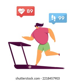 Tiny Woman Exercising On Treadmill. Phone With Fitness App, Female Character Training, Heart Pulse, Virtual Coach Flat Vector Illustration. Healthy Lifestyle, Sports Concept For Banner, Website Design