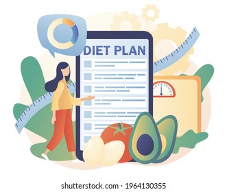 Tiny woman follow diet plan with healthy food with vegetables, fruit and physical activity use smartphone app. Nutrition diet. Nutritionist online. Modern flat cartoon style. Vector illustration