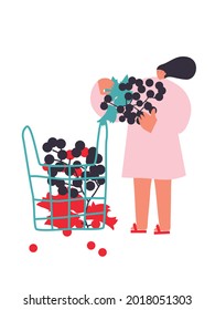 Tiny woman with fruits, grape. Vector illustration. Funny colored typography poster, advertising, packaging print design, market, farmers market decoration. fruits, berries concept. Isolated.