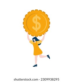 Tiny Woman give coin with dollar sign vector. Business finance growth illustration for smart investment concept. Profit performance or income