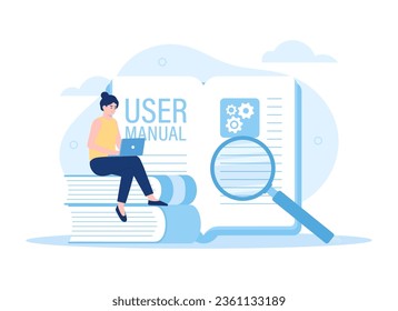 Tiny woman with guide instructions or handbooks, searching on user manual trending concept flat illustration