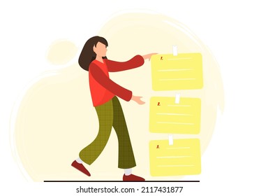 Pequeña mujer colgando notas de papel, lista de verificación, información, ilustración vectorial plana