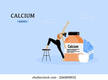 Tiny Woman, Healthy Sports Girl With Milk High In Calcium. Uses Of Calcium, Calcium Dietary Supplement, Strong Bones And Teeth Concept. Flat Style Vector Illustration.