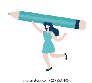 Tiny woman holding big turquoise pencil over her head. Concept of search information, solution, analyze, write, journalist, blogger. Vector illustration in flat style, character design.