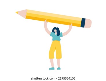 Tiny woman holding big yellow pencil over her head. Concept of search information, solution, analyze, write, journalist, blogger. Vector illustration in flat style, character design.