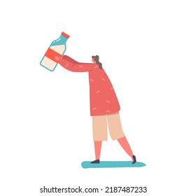 Tiny Woman Holding Huge Milk Bottle Isolated on White Background. Female Character Buying Foodstuffs and Diary Food Products in Supermarket, Collecting Donation Box. Cartoon People Vector Illustration