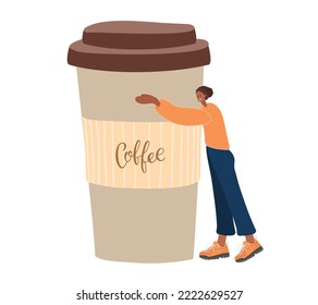 Tiny woman holding huge take away cup of coffee. Coffee lover. Colored Template of banner or poster for coffee shop, restaurant, cafe. Character Drink Hot Beverage. Morning Refreshment Concept