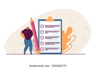 Tiny woman holding pencil and checking completed tasks on clipboard flat vector illustration. Cartoon businesswoman working with document. Success and business achievement concept