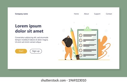 Tiny woman holding pencil and checking completed tasks on clipboard flat vector illustration. Cartoon businesswoman working with document. Success and business achievement concept