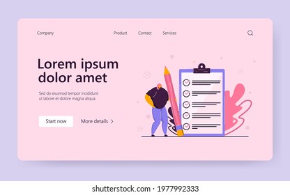 Tiny woman holding pencil and checking completed tasks on clipboard flat vector illustration. Cartoon businesswoman working with document. Success and business achievement concept