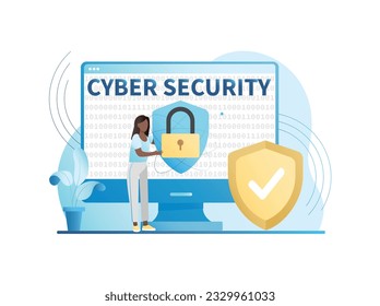 Tiny woman holds in her hands large shield with padlock in computer. Vector online data protection from spam, hacking by scammers on Internet. Antivirus. Cyber security of encrypted information.