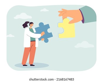 Tiny woman and huge hand holding pieces of puzzle. Female character finding solution to problem, flat vector illustration. Communication, teamwork concept for banner, website design or landing page