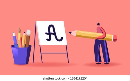 Tiny Woman with Huge Pen Practicing in Spelling Lettering and Calligraphy Concept. Female Character Writing Letters on Easel, Script, Education, Creative Hobby Recreation. Cartoon Vector Illustration