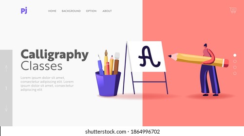 Tiny Woman with Huge Pen Practicing Spelling Lettering and Calligraphy Landing Page Template. Female Character Writing Letters on Easel, Script, Education, Creative Hobby. Cartoon Vector Illustration