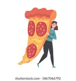 Pequeña mujer con enorme pedazo de ilustración del vector Pizza