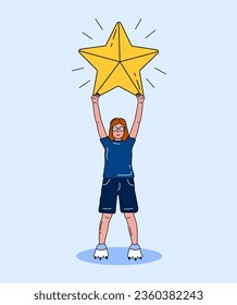 Mujer Pequeña Con Una Estrella Enorme. Concepto de evaluación, revisión, retroalimentación, clasificación. La chica pequeña tiene una gran estrella de oro, calificación, crítica de los consumidores, nivel de satisfacción y crítica. Ilustración del vector de dibujos animados