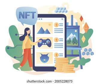 Tiny woman investing in Crypto art, game, video use smartphone app. Non-fungible token. Online gallery NFT art. Internet marketplace and blockchain technology. Modern flat cartoon style. Vector