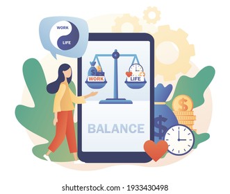 Tiny woman keep harmony choose between career and money versus love and time. Scales on smartphone screen as symbol of work and life balance. Modern flat cartoon style. Vector illustration