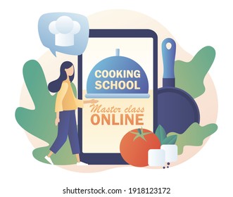 Tiny woman with kitchen tools and foods learns to cook in сulinary online master class. Cooking school - text on smartphone screen. Modern flat cartoon style. Vector illustration on white background