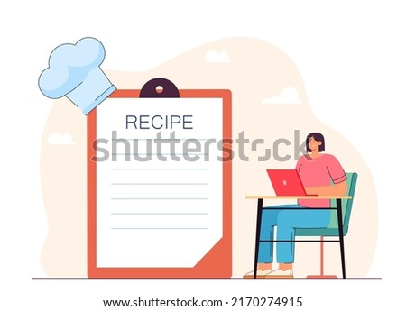 Tiny woman with laptop looking for cooking recipe online. Girl sitting near cookbook on clipboard and chef hat flat vector illustration. Culinary concept for banner, website design or landing web page