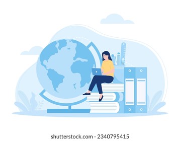 Tiny woman learning online lesson via laptop trending concept flat illustration