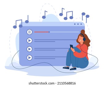 Tiny woman listening to playlist with favorite songs. Happy girl with headphones using online audio player with music library flat vector illustration. Entertainment, lifestyle, application concept