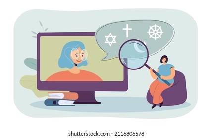 Tiny Woman With Magnifier Watching Video Or Webinar On Religion. Huge Computer Screen With Female Person And Religious Symbols Flat Vector Illustration. Online Education, Religion Concept For Banner