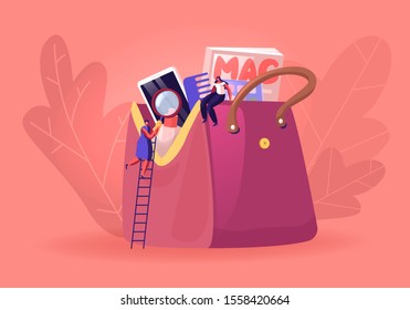 Tiny Woman with Magnifying Glass Climbing by Ladder on Huge Bag Girl Sitting on Female Cosmetician Full of Different Things and Belongings as Mobile Phone and Magazine. Flat Vector Illustration