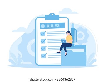 Tiny woman makes business rules trending concept flat illustration